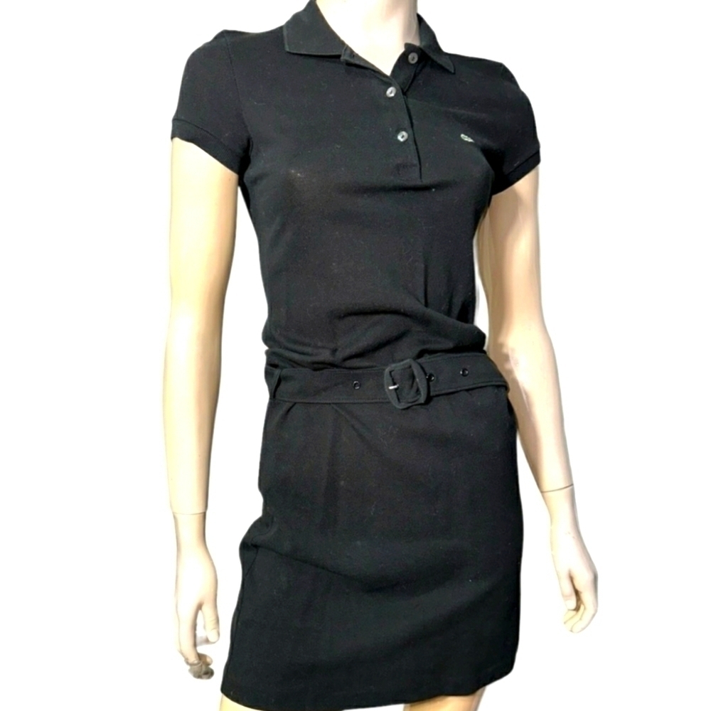 Lacoste Vintage Women’s Size 34 4 Black Cotton Pique Belted Polo Mini Dress - Picture 1 of 6